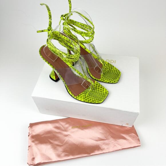 Amina Muaddi Heels PVC Zula Green thong Sandals lace up snake print EU 37 us 7 - Picture 1 of 16